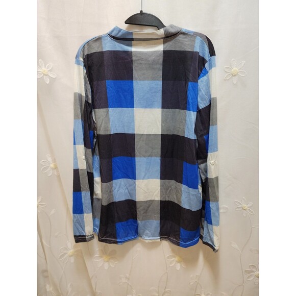 LA MODE WOMEN 2X BLUE PLAID NEW BLOUSE CHECKERED NAUTICAL WORK SHEER OFFICE FARM - Picture 8 of 15